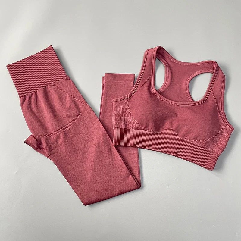 2/3/4PCS Seamless Women Yoga Set Workout Sportswear Gym Clothes Fitness Long Sleeve Crop Top High Waist Leggings Sports Suit Bra Pants Red