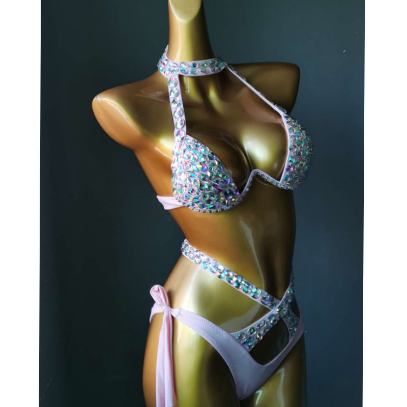 Push Up Crystal Diamond Bikini Sexy Halter Bandage Women's Swimsuit Gathered Rhinestone Swimwear