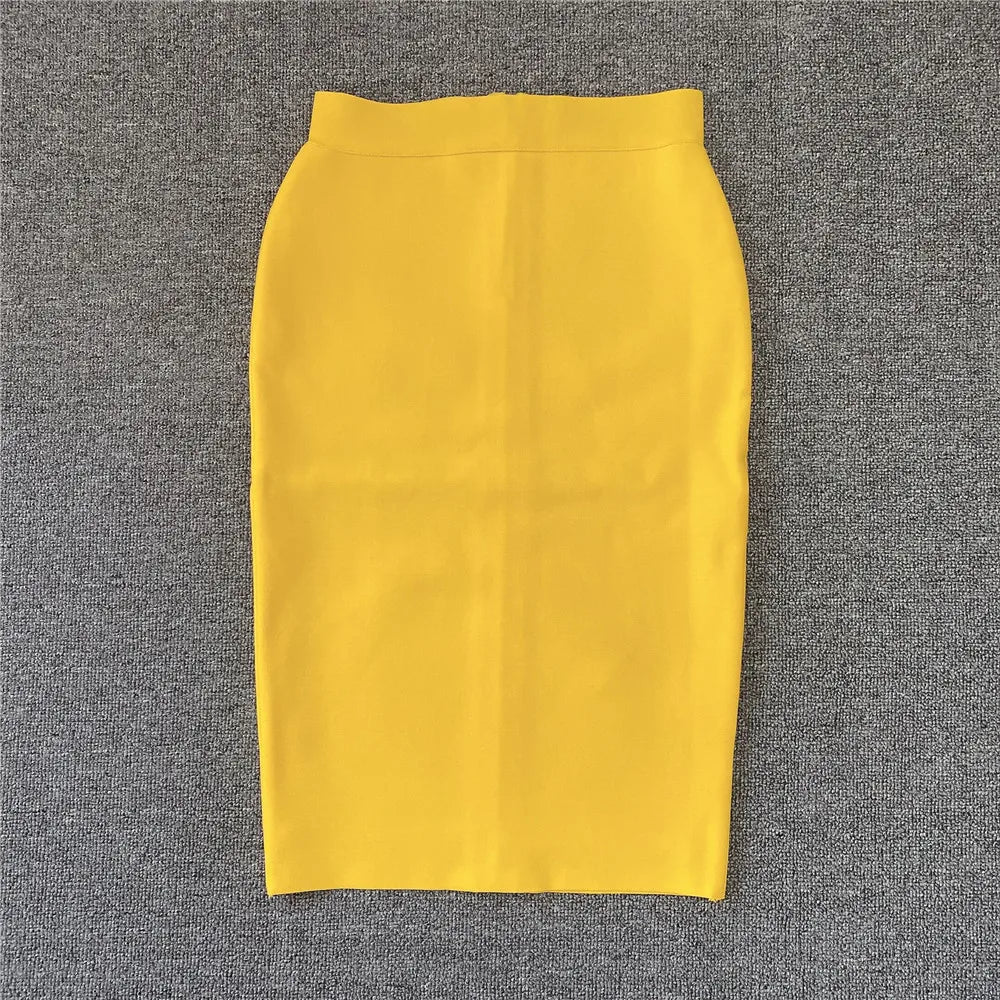 Women New Rayon Bandgae Skirt Elegant Pencil Skirt Celebrity Sexy Club Party Wear Vintage Vestios Yellow