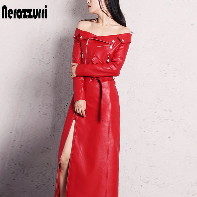 Spring autumn maxi dresses for women slash neck Red black pu leather dress women long sleeve runway Elegant dress red