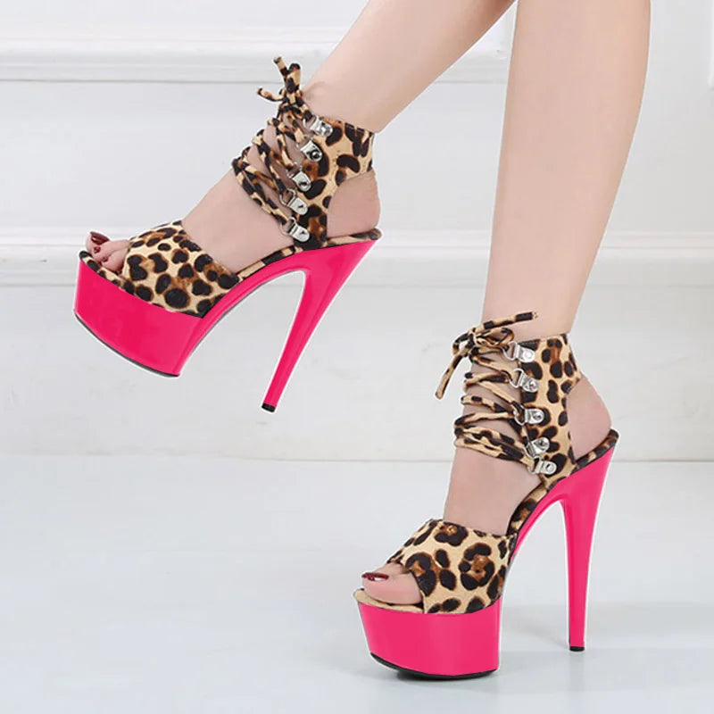 Fashion Shoes Women Stripper Shoes Platform Sandals Girls Leopard Clear High Heels Shoes Strap Sandal Femmes Sandales