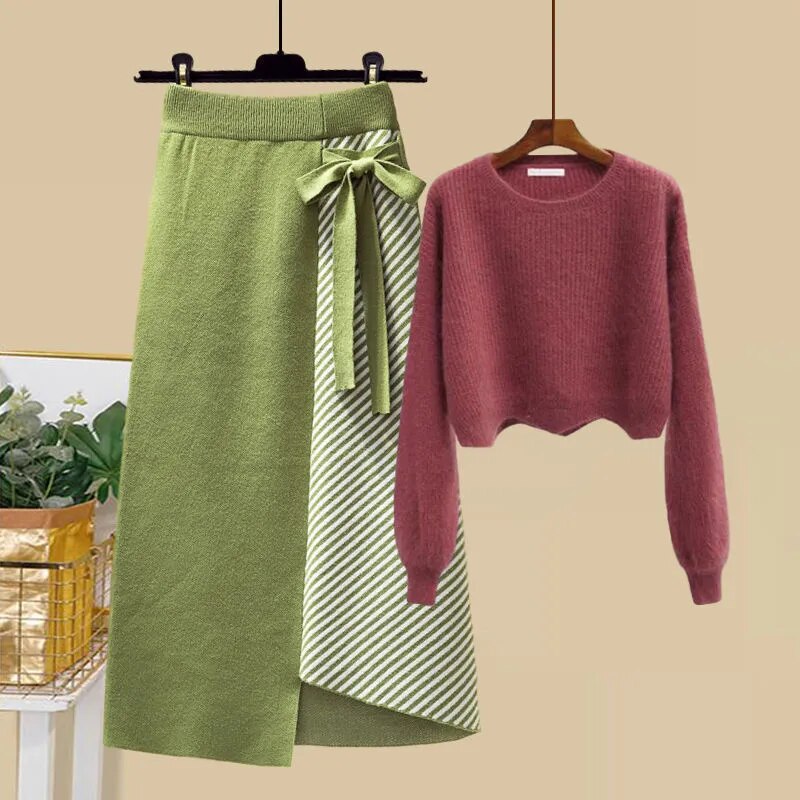 Women Autumn Winter Warm Knitted Two Pieces Sets Korean Long Sleeve Pullover Sweater Top And High Waist Skirts Sets Skirt Two Piece Set 16
