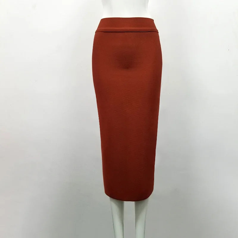 Women Candy Color Sexy Neon Green Brown Orange Yellow Knee Length Bandage Pencil Skirt 2020 Designer Skirt Faldas 78cm Brown