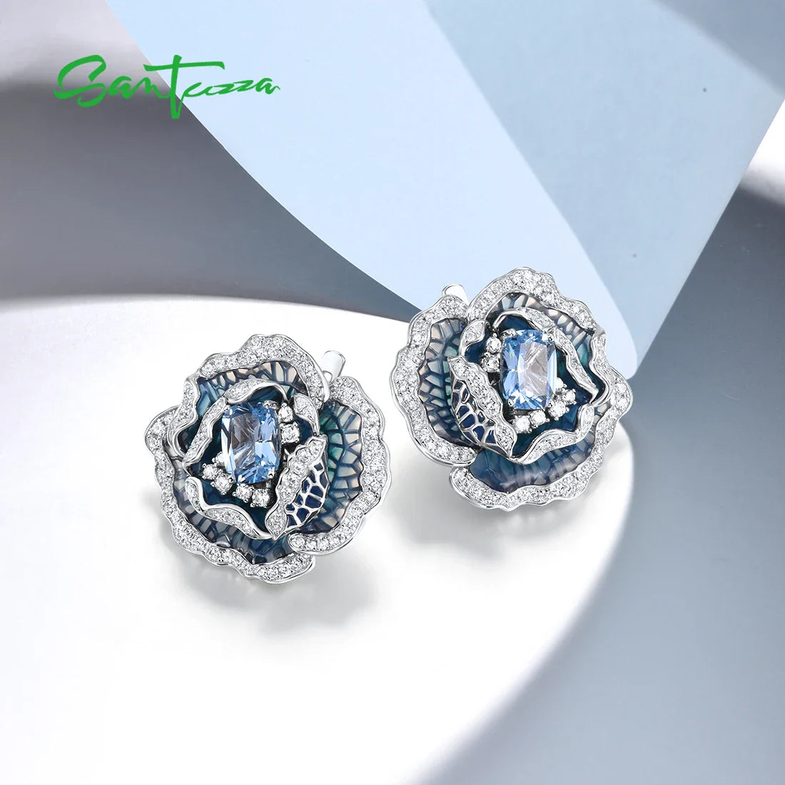SANTUZZA 925 Sterling Silver Earrings For Women Blue Spinel White CZ Blooming Flower Elegant Party Fine Jewelry Handmade Enamel
