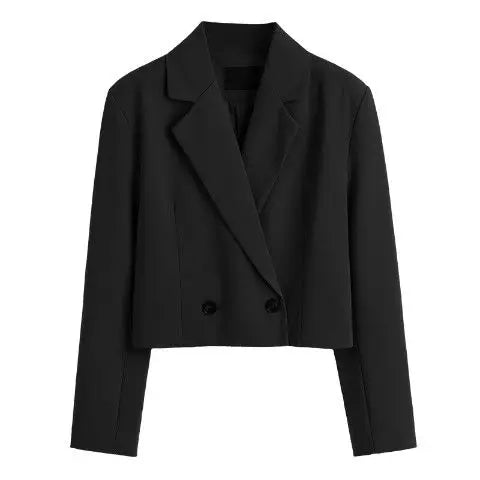 Fashion Women Elegant Short Blazer Casual Office Work Vintage Solid Color Long Sleeve Notched Collar Double Breasted Jacket Black