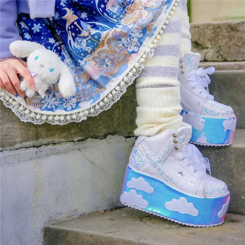 Colorful clouds Platform Shoes For Woman Punk Style Lace-up High Heel Wedges Shoes Sweet Women Ankle Boots For Mujer Shoes 2025