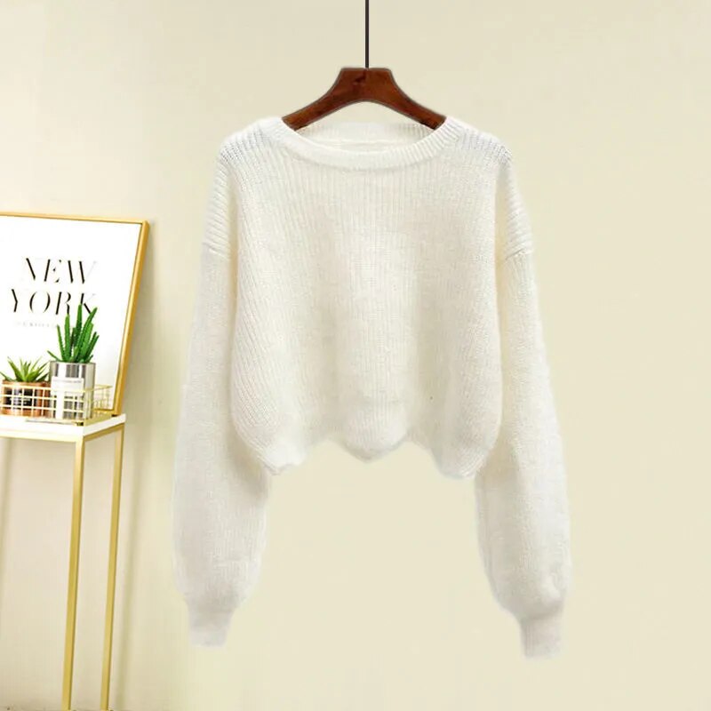 Women Autumn Winter Warm Knitted Two Pieces Sets Korean Long Sleeve Pullover Sweater Top And High Waist Skirts Sets