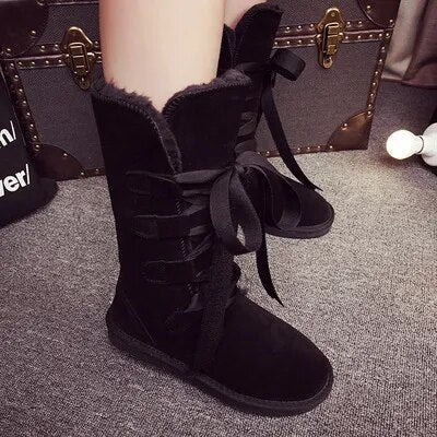 Waterproof High Boots Lace Up 2024 Woman Winter Snow Boots Women's Shoes Thick Plush Genuine Leather Winter Women's Snow Boots