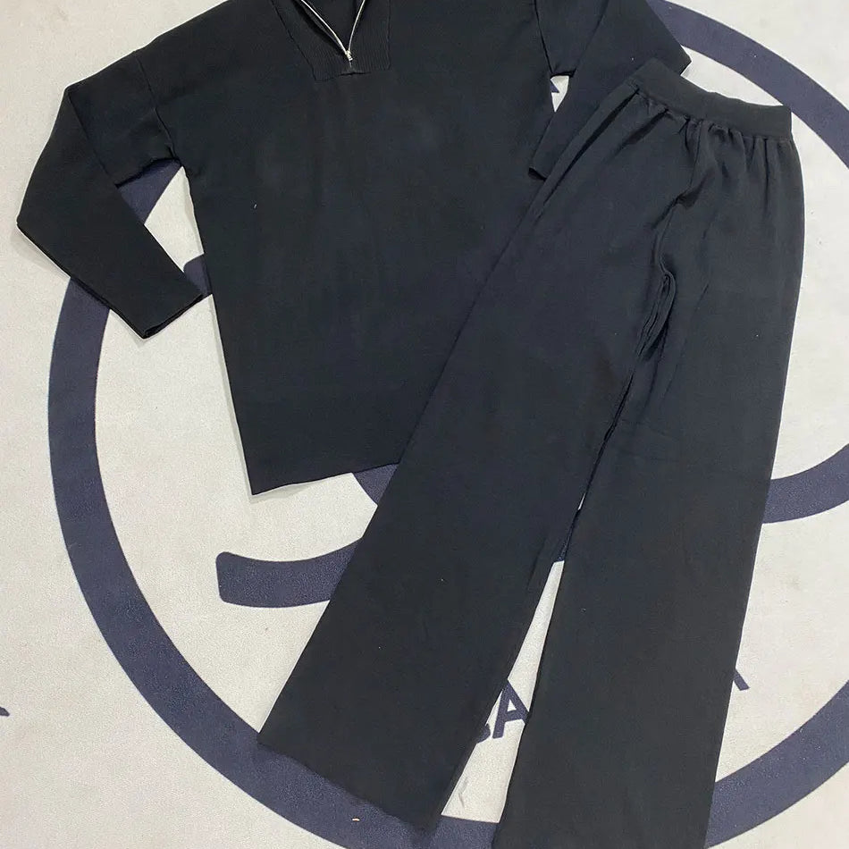 2024 Casual Autumn Loose Knit Sweater Set Fashion Zip Lapel Long Sleeve Pullover Sweater & Straight Pants Two-piece Set black