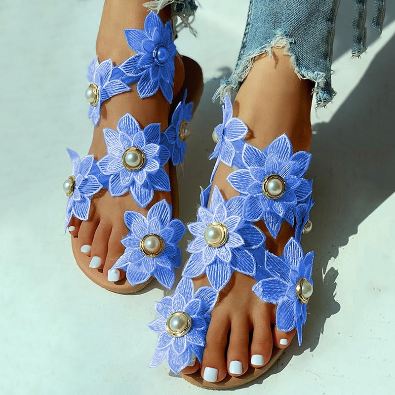 Women Sandals Boho Style Summer Shoes For Women Flat Sandals Beach Shoes 2024 Flowers Flip Flops Chaussures Femme 6 Colors 35-44 Blue