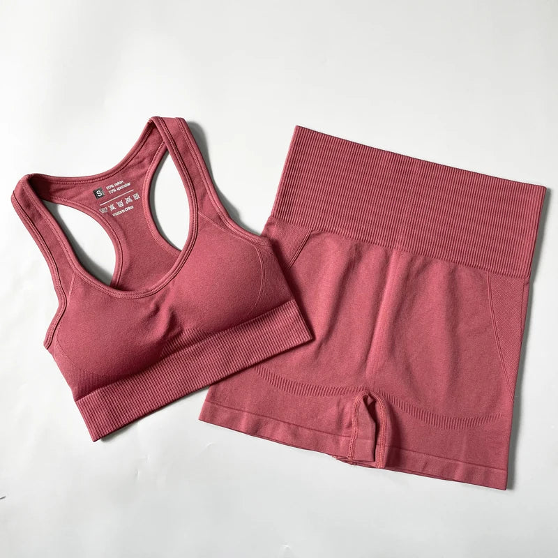 2/3/4PCS Seamless Women Yoga Set Workout Sportswear Gym Clothes Fitness Long Sleeve Crop Top High Waist Leggings Sports Suit Bra shorts Red