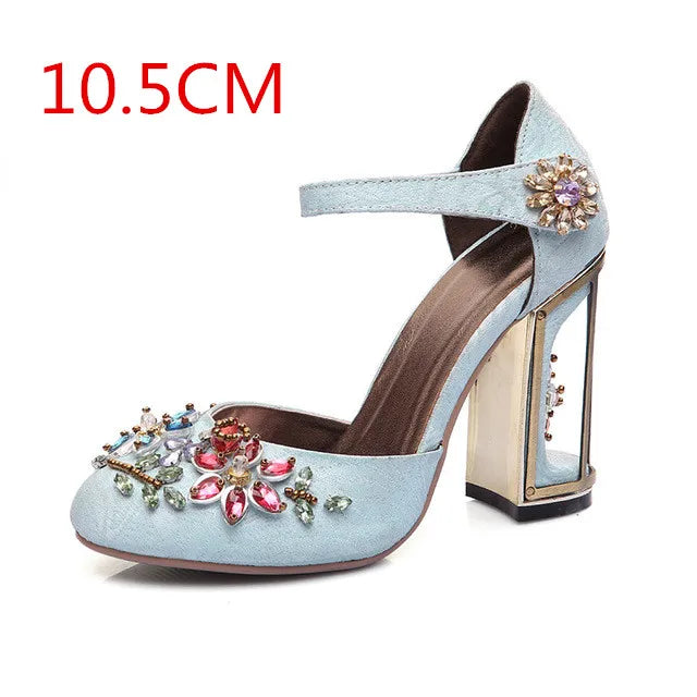 Autumn Crystal Flower Mary Janes Women Pumps Shoes Woman Sandals Strange High Heel Party Shoes Handmade Rhinestone Wedding Shoes Blue 10.5cm heel
