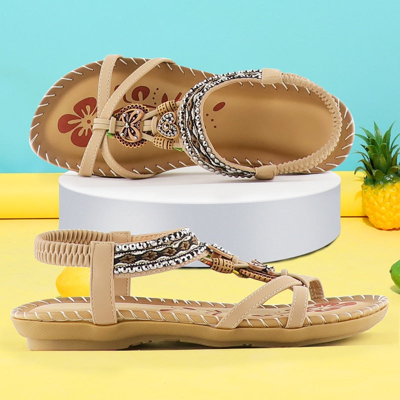 Sandals Women Summer Wedges Shoes Ladies Sandals Butterfly-knot Rhinestone Slides Sandalias Mujer Bohemia Elastic Band Sandal beige