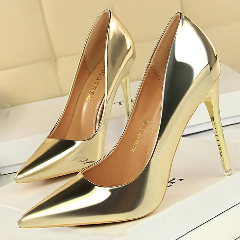 Shoes Woman Pumps Patent Leather High Heels Shoes Women Basic Pump Wedding Shoes Female Stiletto Women Heel Plus Size 43 gold