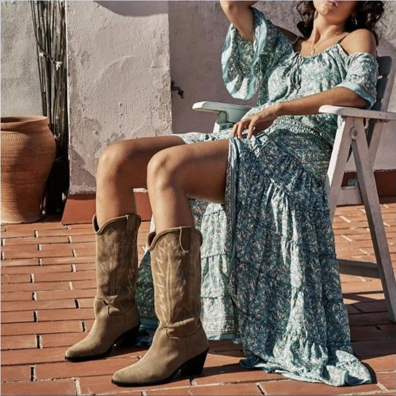 Nude Suede Embroidered Mid-Calf Boots Women Designer Shoes Thick Heel Pointed Toe Cowboy Boots for Women Knight Botas Femininas apricot 1