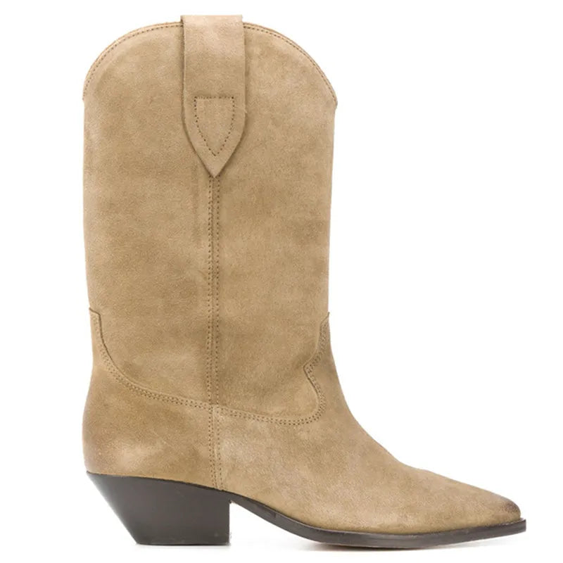 Nude Suede Embroidered Mid-Calf Boots Women Designer Shoes Thick Heel Pointed Toe Cowboy Boots for Women Knight Botas Femininas apricot 2