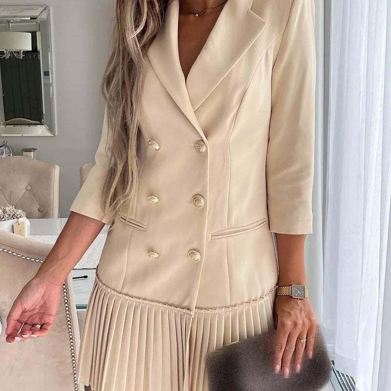 Women Elegant Double Breasted Pleated Blazer Dress APRICOT