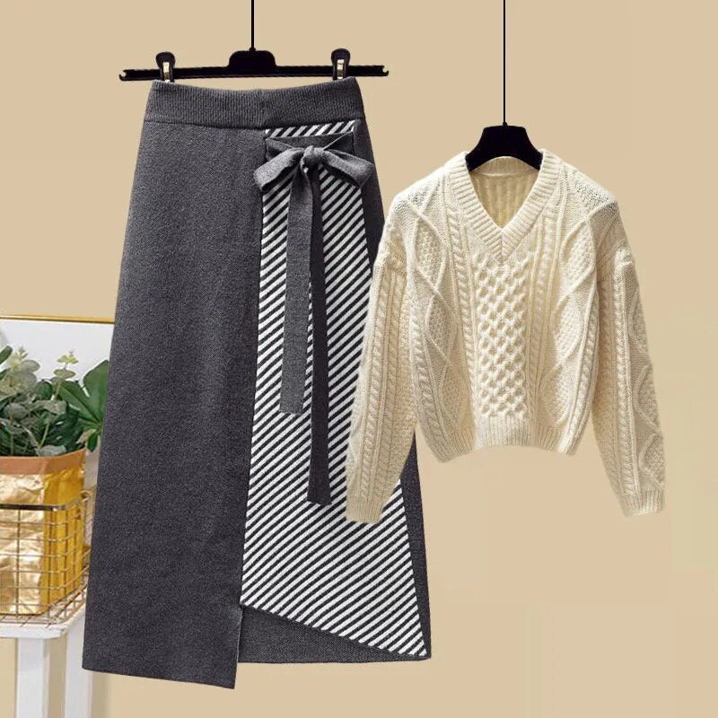 Women Autumn Winter Warm Knitted Two Pieces Sets Korean Long Sleeve Pullover Sweater Top And High Waist Skirts Sets