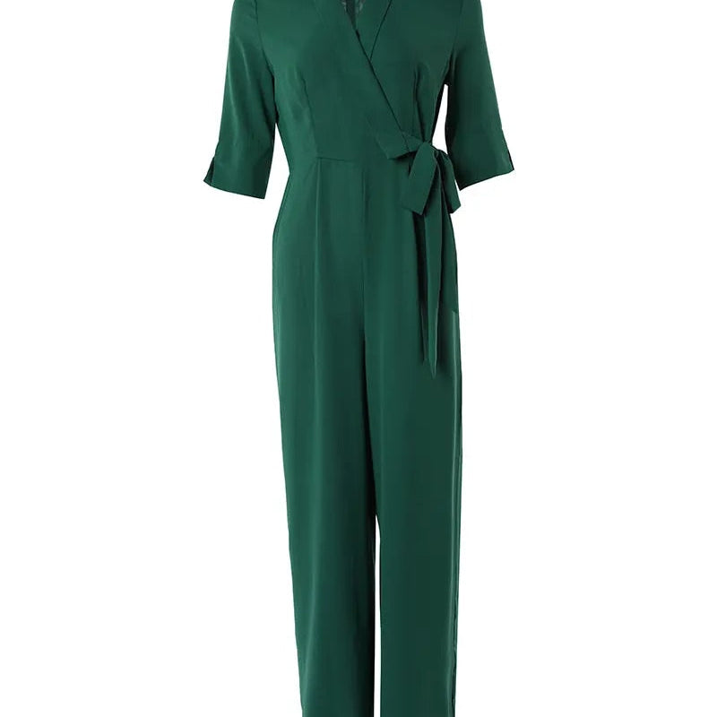Half Sleeve Wide Leg Work Jumpsuit Summer Women's Bodysuit 2024 New Fashion Elegant Office High Waist V-Neck Lace Up Style
