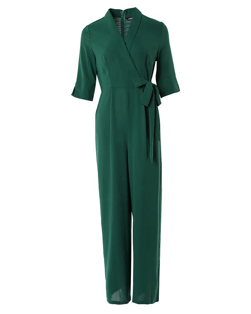 Half Sleeve Wide Leg Work Jumpsuit Summer Women's Bodysuit 2024 New Fashion Elegant Office High Waist V-Neck Lace Up Style