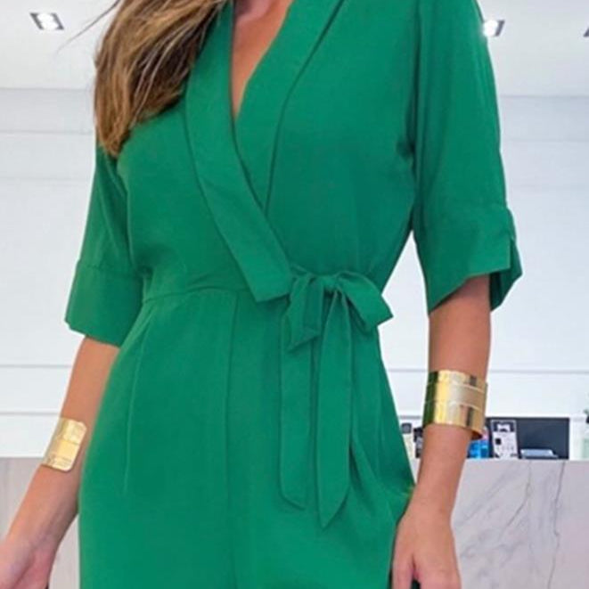 Half Sleeve Wide Leg Work Jumpsuit Summer Women's Bodysuit 2024 New Fashion Elegant Office High Waist V-Neck Lace Up Style