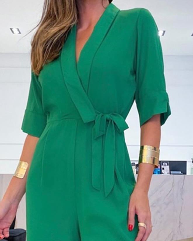 Half Sleeve Wide Leg Work Jumpsuit Summer Women's Bodysuit 2024 New Fashion Elegant Office High Waist V-Neck Lace Up Style