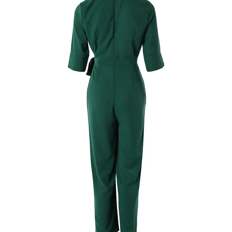 Half Sleeve Wide Leg Work Jumpsuit Summer Women's Bodysuit 2024 New Fashion Elegant Office High Waist V-Neck Lace Up Style