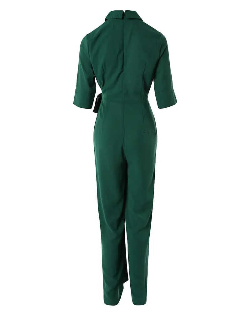 Half Sleeve Wide Leg Work Jumpsuit Summer Women's Bodysuit 2024 New Fashion Elegant Office High Waist V-Neck Lace Up Style