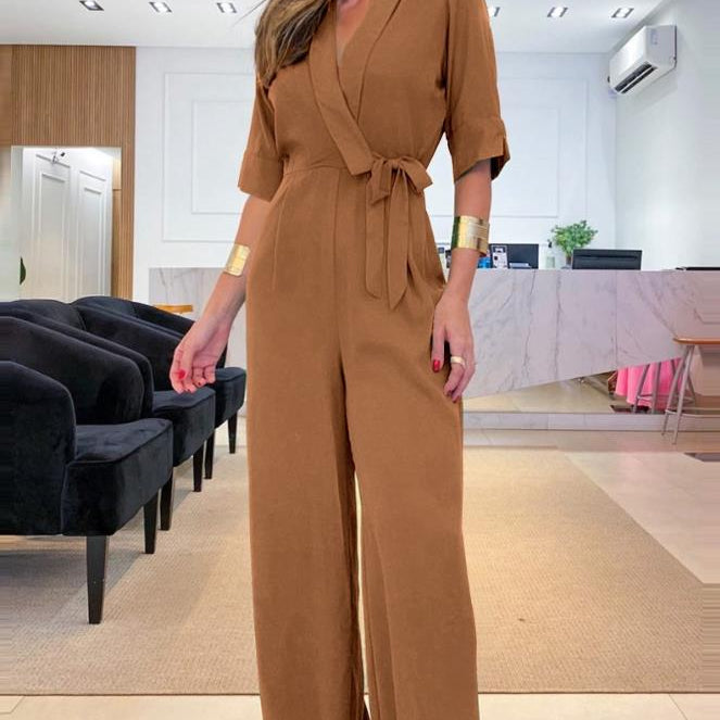 Half Sleeve Wide Leg Work Jumpsuit Summer Women's Bodysuit 2024 New Fashion Elegant Office High Waist V-Neck Lace Up Style B