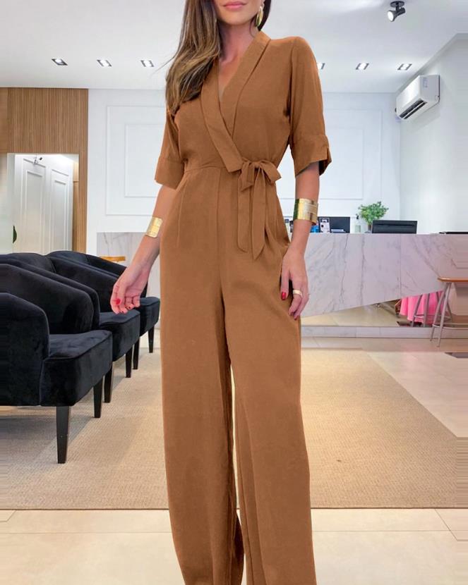Half Sleeve Wide Leg Work Jumpsuit Summer Women's Bodysuit 2024 New Fashion Elegant Office High Waist V-Neck Lace Up Style B