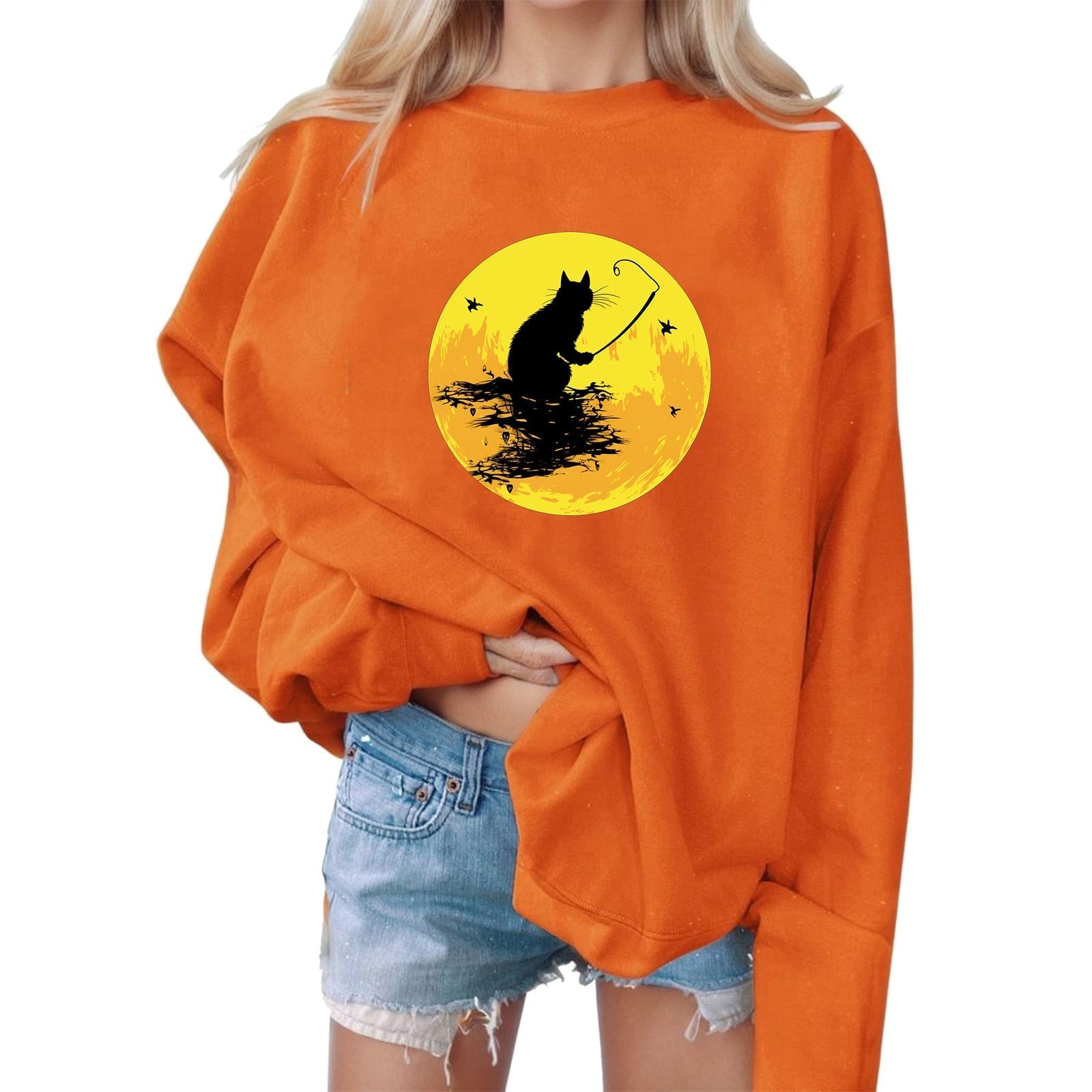 Halloween Animal Print Sweatshirts Personality Sweatshirt Pullover Sweater Women's Sweatshirt Hoodless Streetwear Moletom 2024 Orange