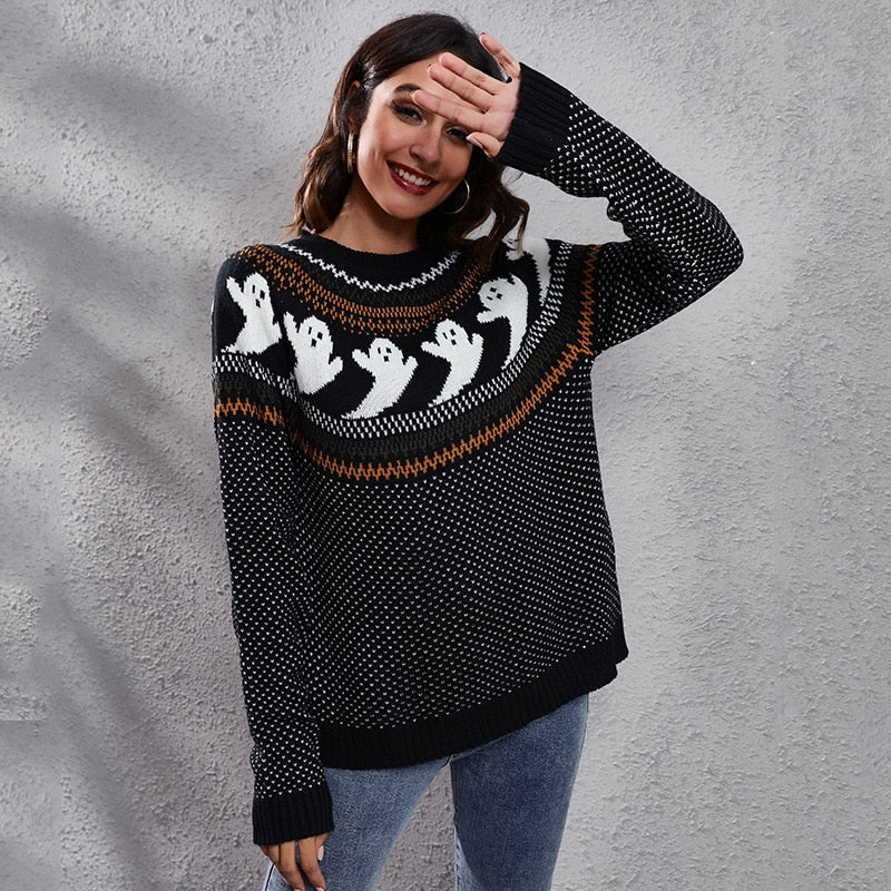 Halloween Ghost Vintage Ladies Sweater Polka Dot Long Sleeve Knitted Pullover Winter Sweater Woman Design Pullovers Knitwears AMAIO