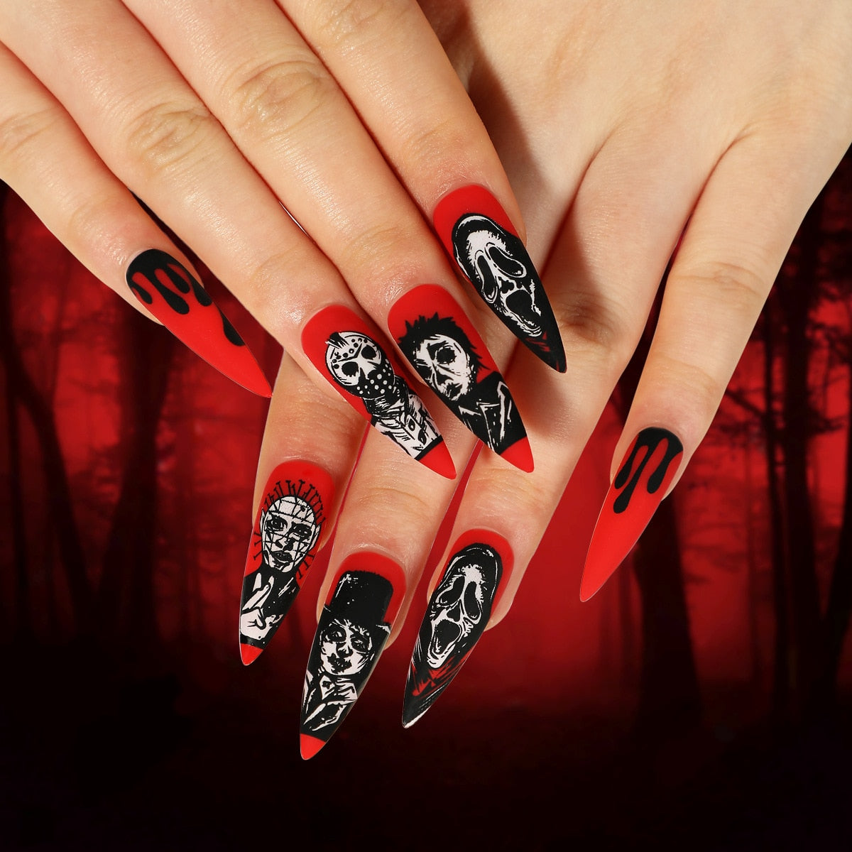 Halloween Nail Art Red and Black Contrast False Nails Kit Skeleton Ghost Face Press On Nail 24pcs Halloween Manicure Full Cover AMAIO