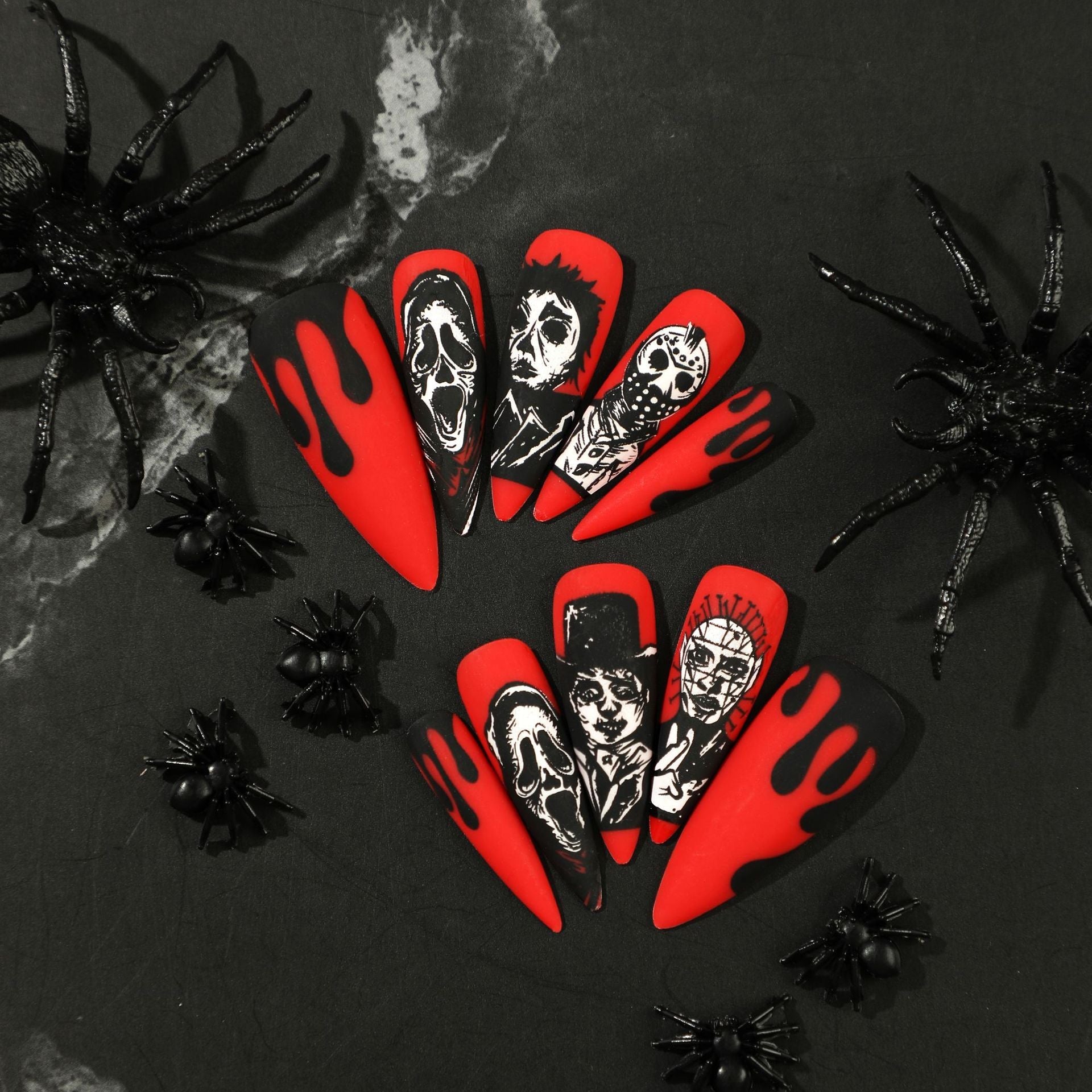 Halloween Nail Art Red and Black Contrast False Nails Kit Skeleton Ghost Face Press On Nail 24pcs Halloween Manicure Full Cover