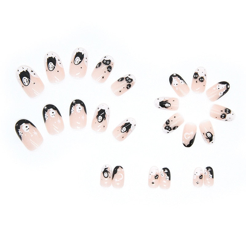 Halloween Press on Fake Nail Set Art Black French Tip Full Cover Coffin Acrylic Short Press-on Pressure False Nails Tips 24pcs