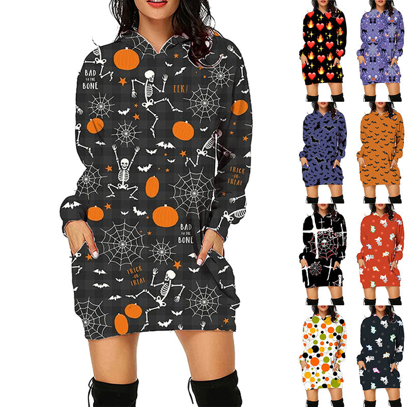 Halloween Print Long Hoodie With Pockets Sweater Long Sleeve Clothes Women AMAIO