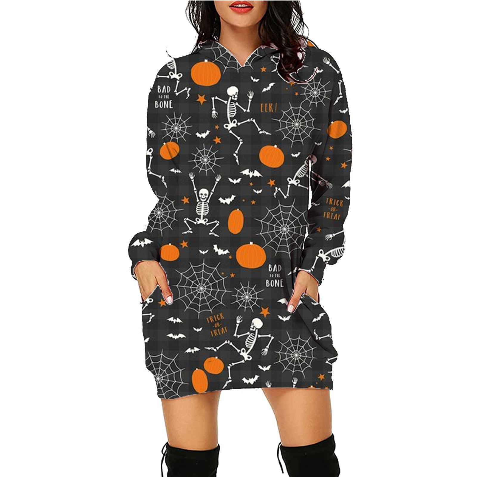 Halloween Print Long Hoodie With Pockets Sweater Long Sleeve Clothes Women SC10