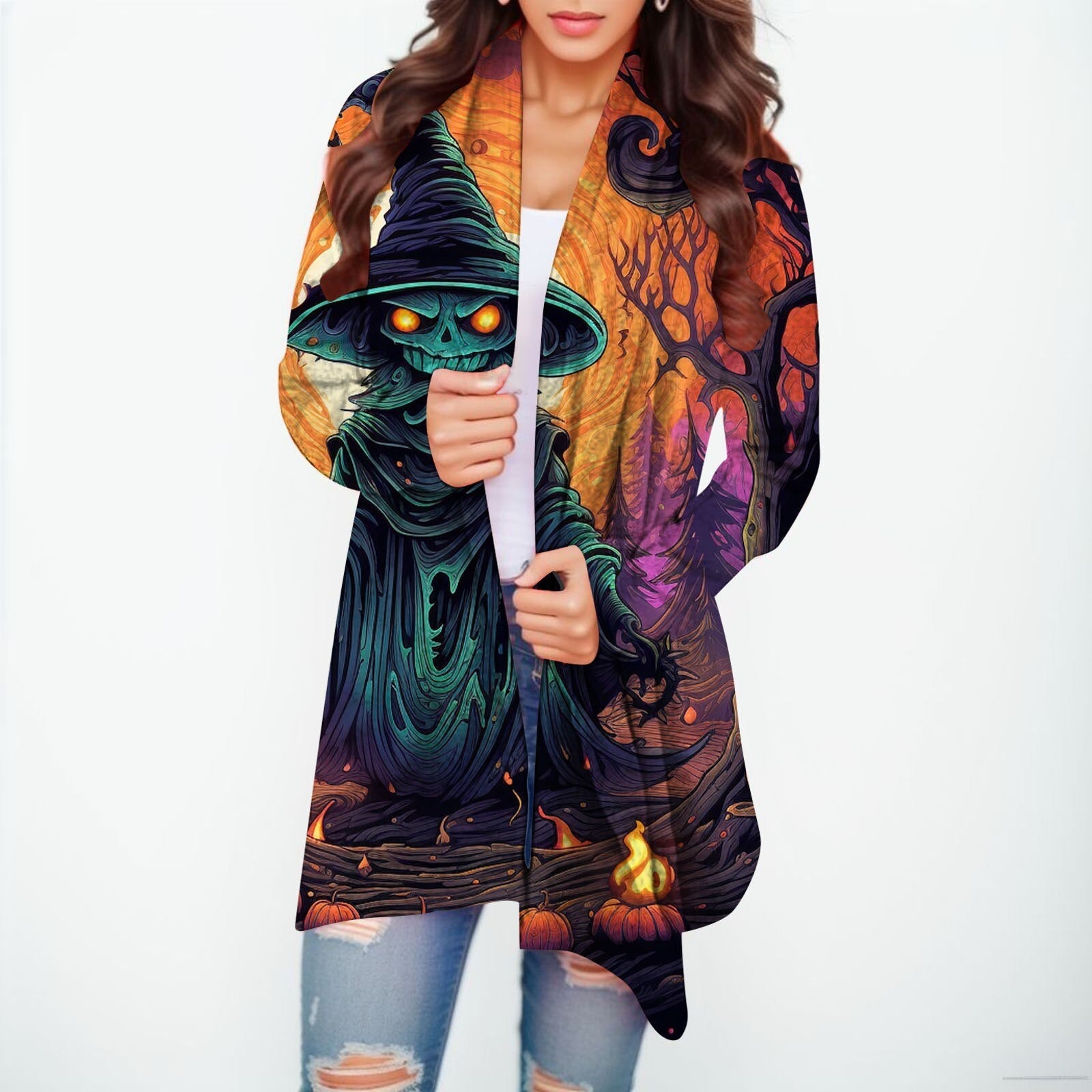 Halloween Print Women's Cardigans Witch Spider Web Fun Graphic Open Front Coat Cardigan With Pockets Fall Casual Coat Jackets C