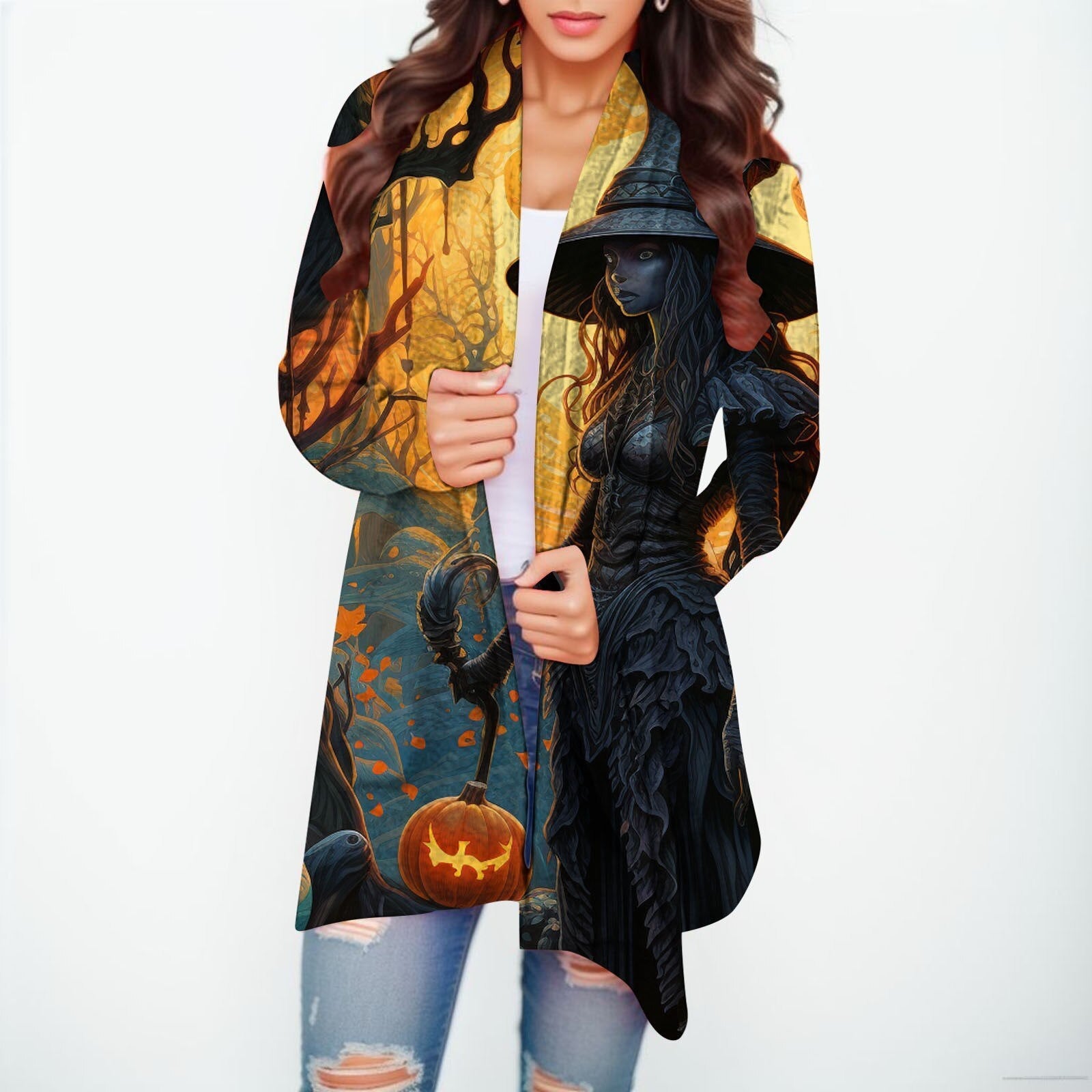 Halloween Print Women's Cardigans Witch Spider Web Fun Graphic Open Front Coat Cardigan With Pockets Fall Casual Coat Jackets A