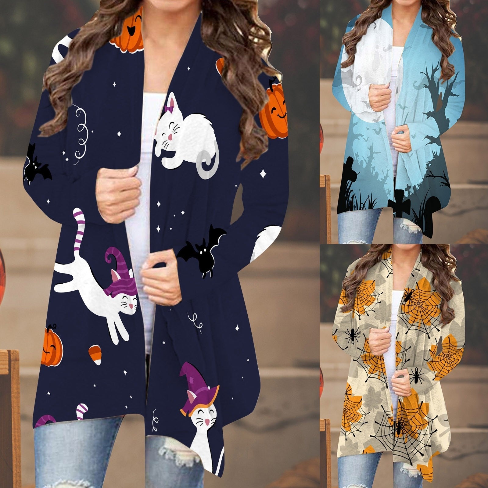 Halloween Printed Cardigan Women Casual Ghost Cat Cartoon Festival Fashion Long Sleeve Casual Cardigan Jacket Coat Top Jersey AMAIO