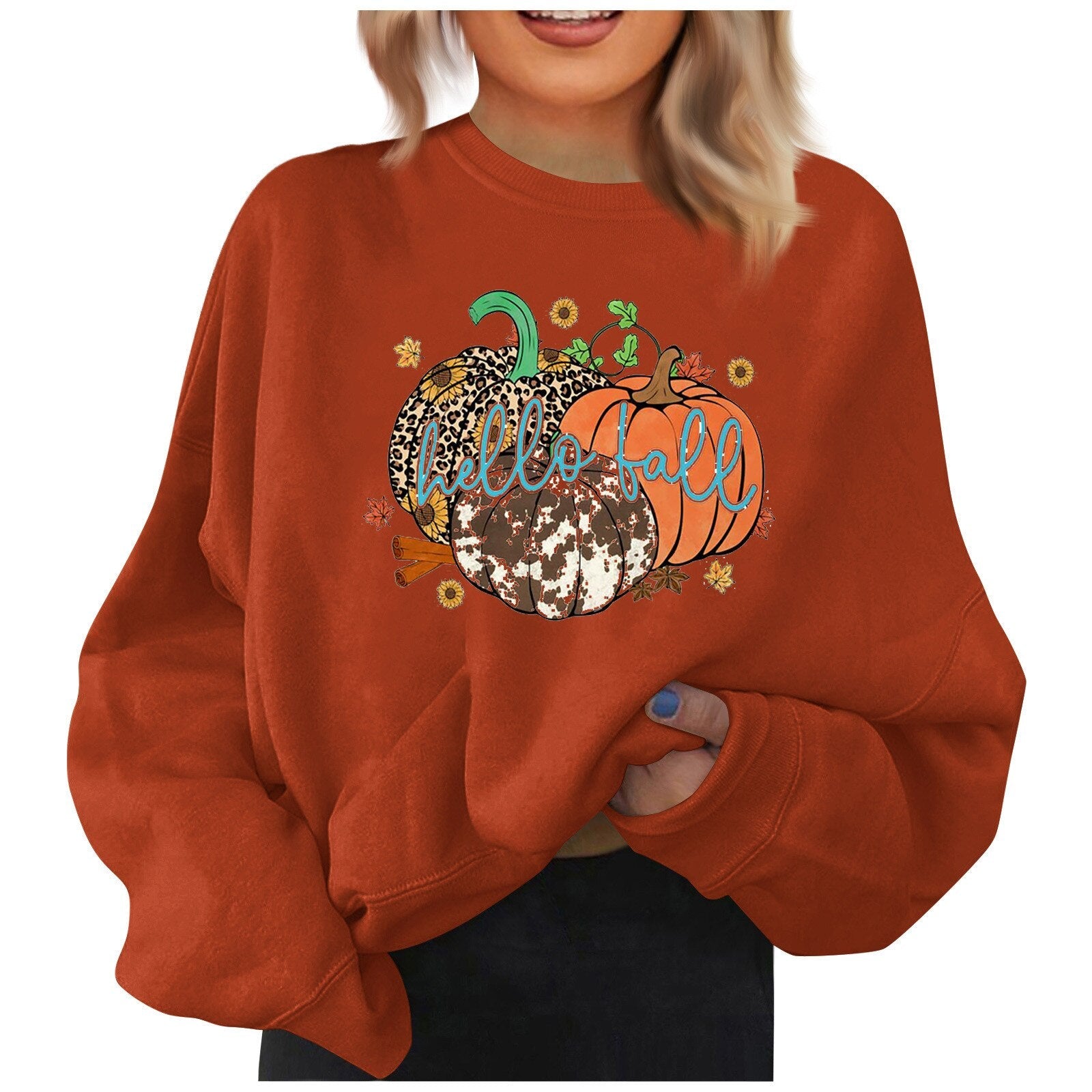 Halloween Pumpkin Print Sweatshirt For Women Casual Round Neck Long Sleeved Tops Fashion Loose Pullover Autumn Ladies Clothes Dark Green