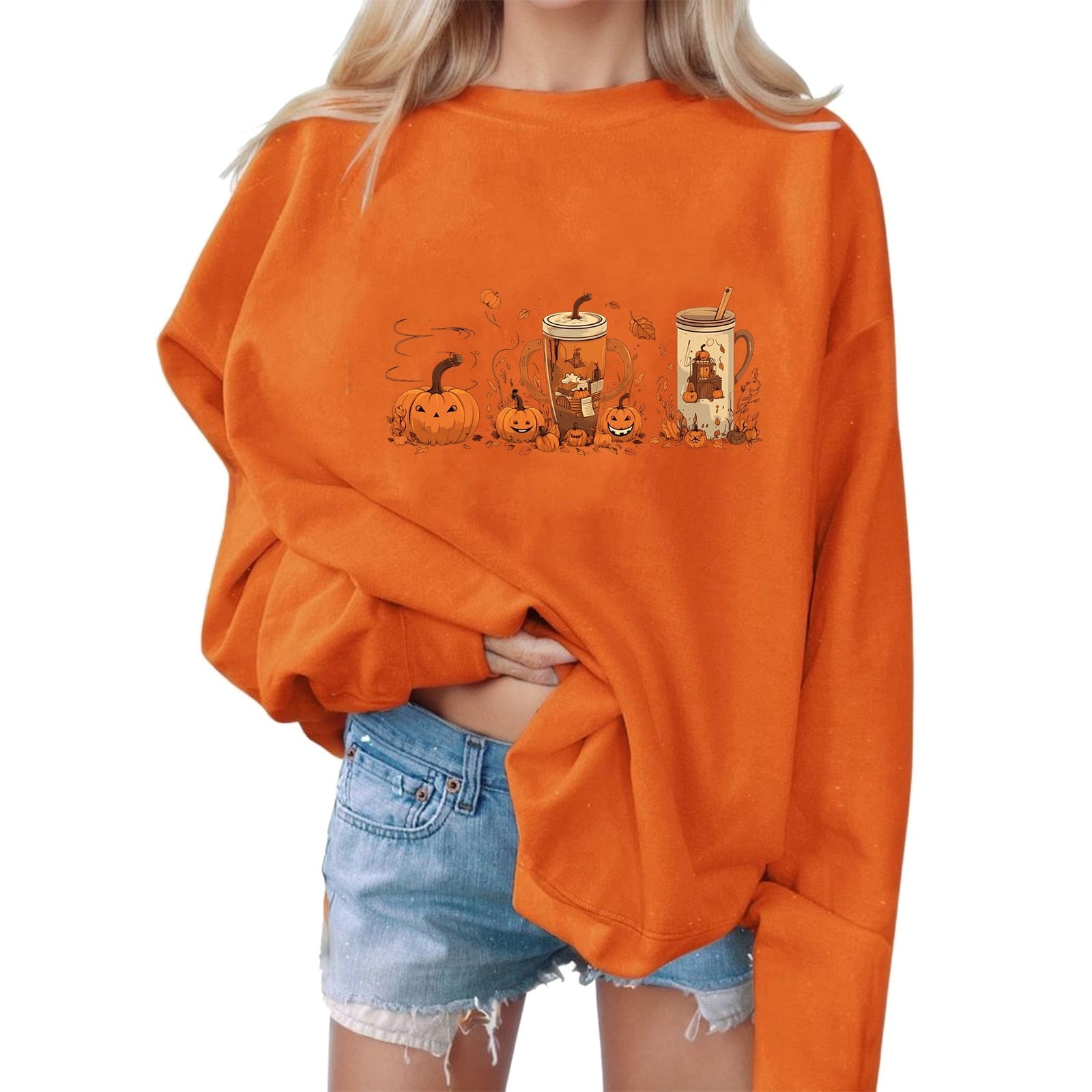 Halloween Pumpkin Print Sweatshirts Round Neck Sweatshirt Harajuku Sweater Pullover Women's Sweatshirt Oversized Moletom 2024 Orange