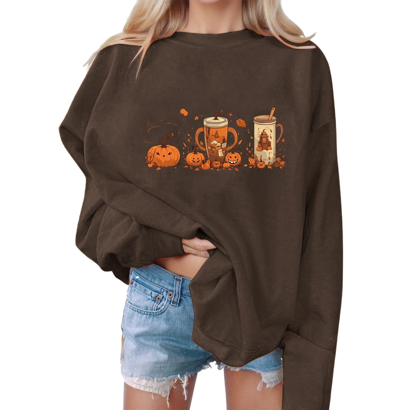 Halloween Pumpkin Print Sweatshirts Round Neck Sweatshirt Harajuku Sweater Pullover Women's Sweatshirt Oversized Moletom 2024 Coffee