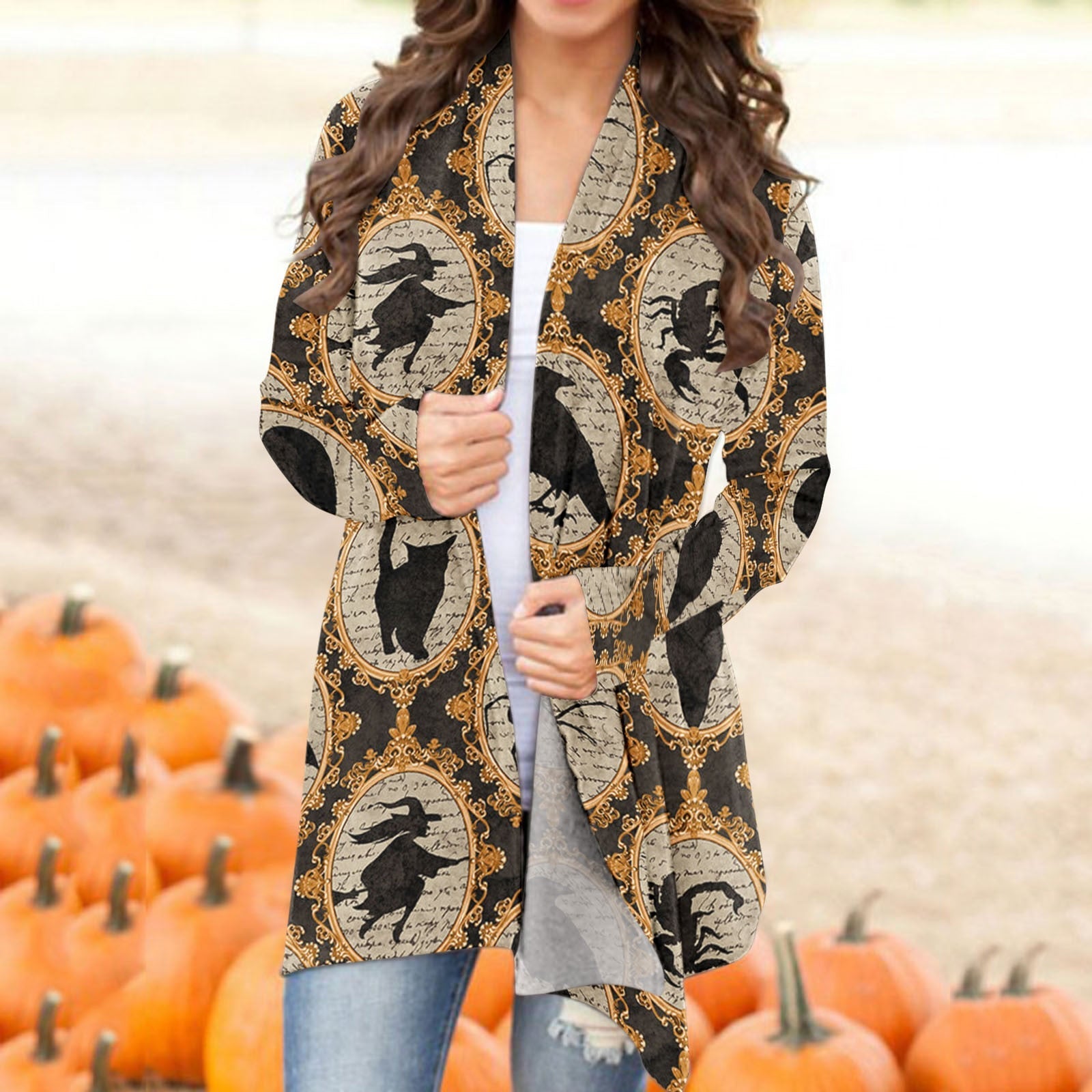 Halloween Skull Black Cat Print Long Sleeve Cardigan Autumn Winter Casual Open Stitch Long Top Ladies Elegant Cardigan Outerwear