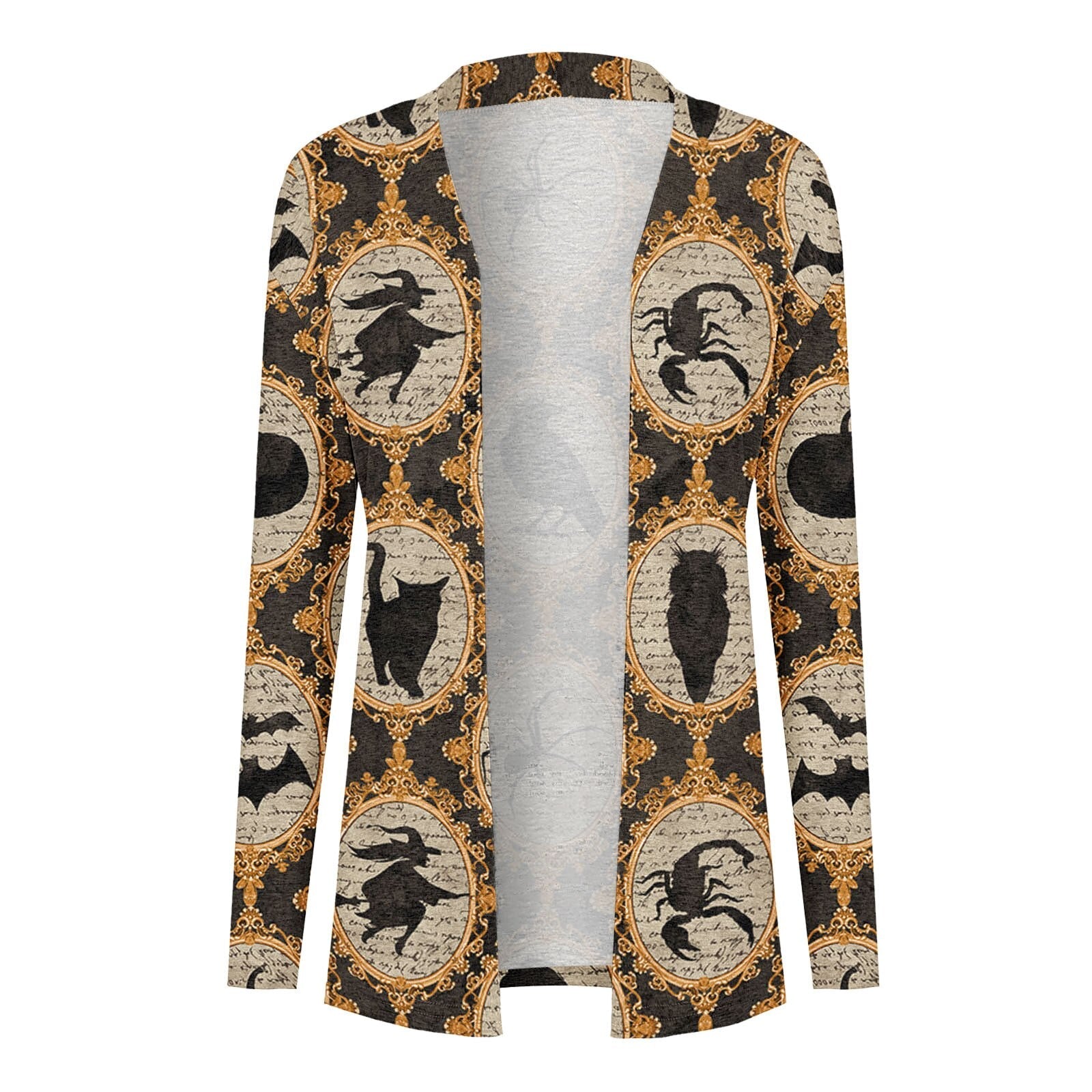 Halloween Skull Black Cat Print Long Sleeve Cardigan Autumn Winter Casual Open Stitch Long Top Ladies Elegant Cardigan Outerwear