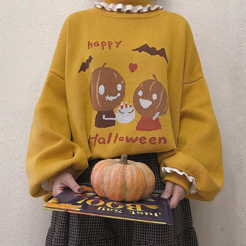 Halloween Sweaters Women Autumn Cute Pumpkin Pattern Turtleneck Lantern Sleeve Loose Pullovers Kawaii Clothes AMAIO