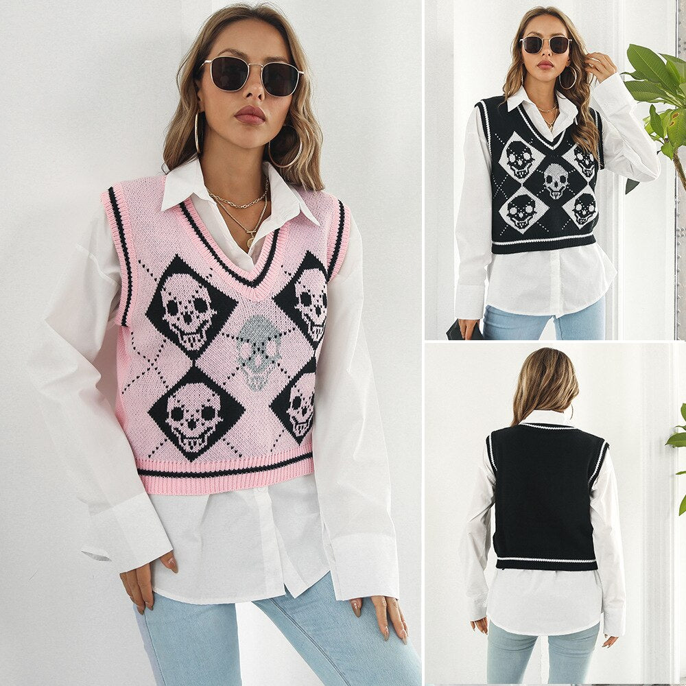 Halloween Sweaters Women Vest Y2K Skulls Personality Knitted Female Vest Plaid Fashion Winter Knitwear Sweaters Tops Women New