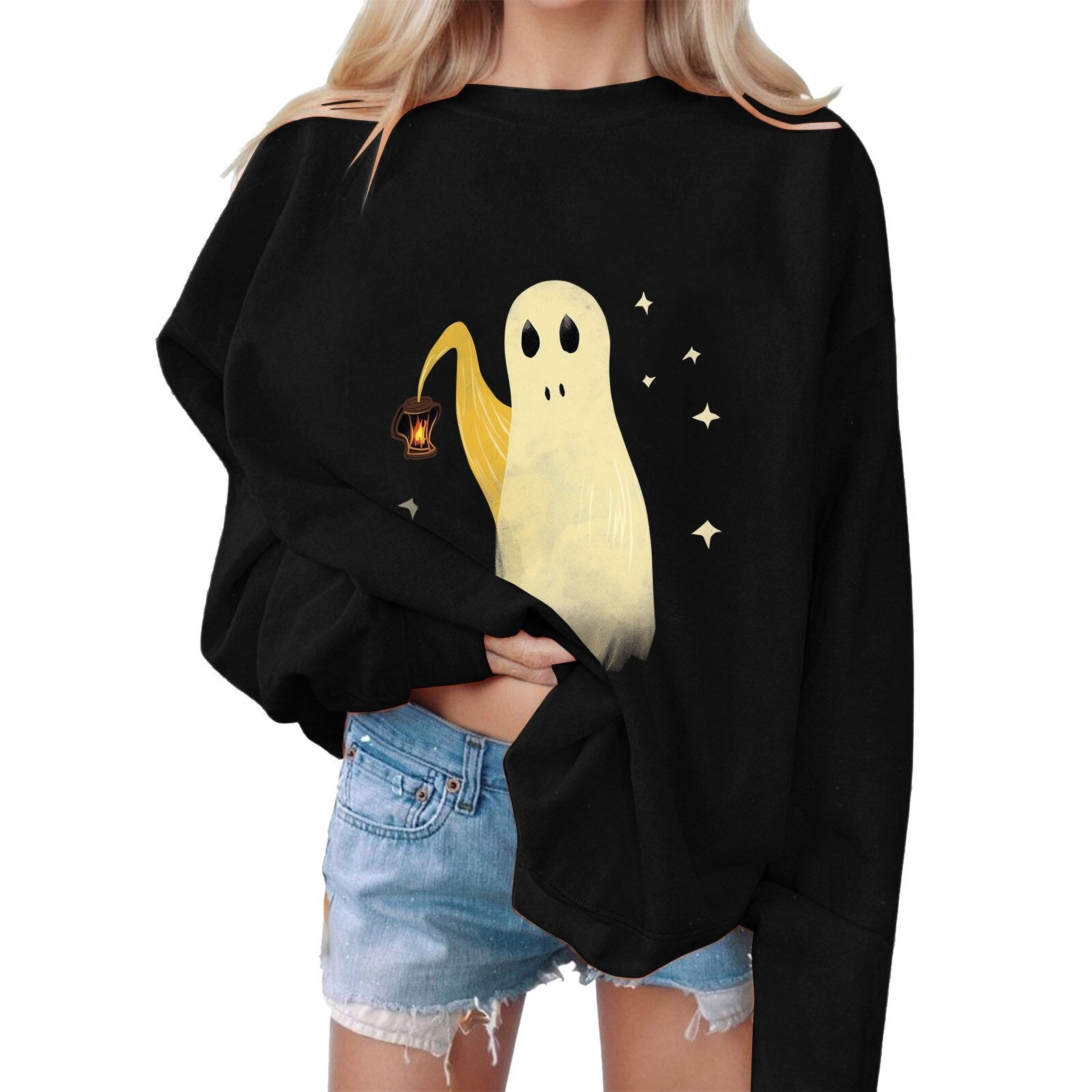 Halloween Sweatshirt Grimace Sweatshirts Ghosts Sweater Personality Women Sweatshirts Round Neck Sudadera Long Sleeve Outfits Black