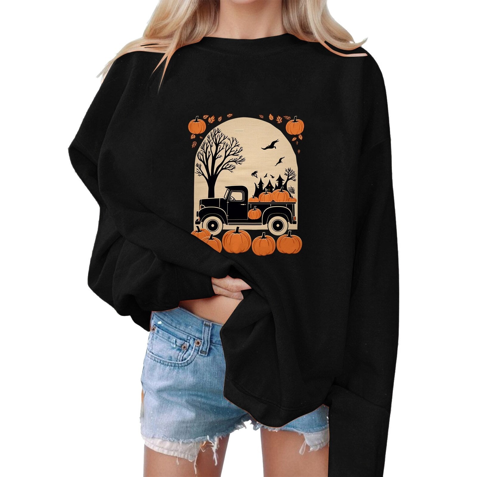 Halloween Sweatshirts Pumpkin Print Sweatshirt Loose Sweater Pullover Women's Sweatshirt Oversized Harajuku Outfits Moletom Black