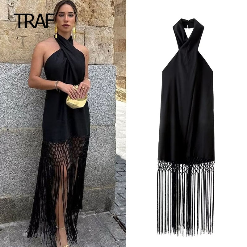 Halter Fringing Dress Womens Dresses  Summer Linen Backless Sexy Black Slip Dress Luxury Elegant Designer Party Dresses AMAIO